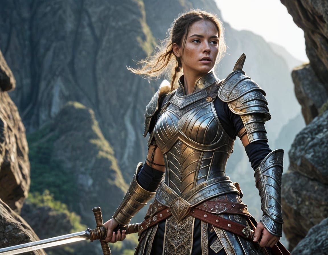 Warrior Woman on Rocky Crag at Sunrise