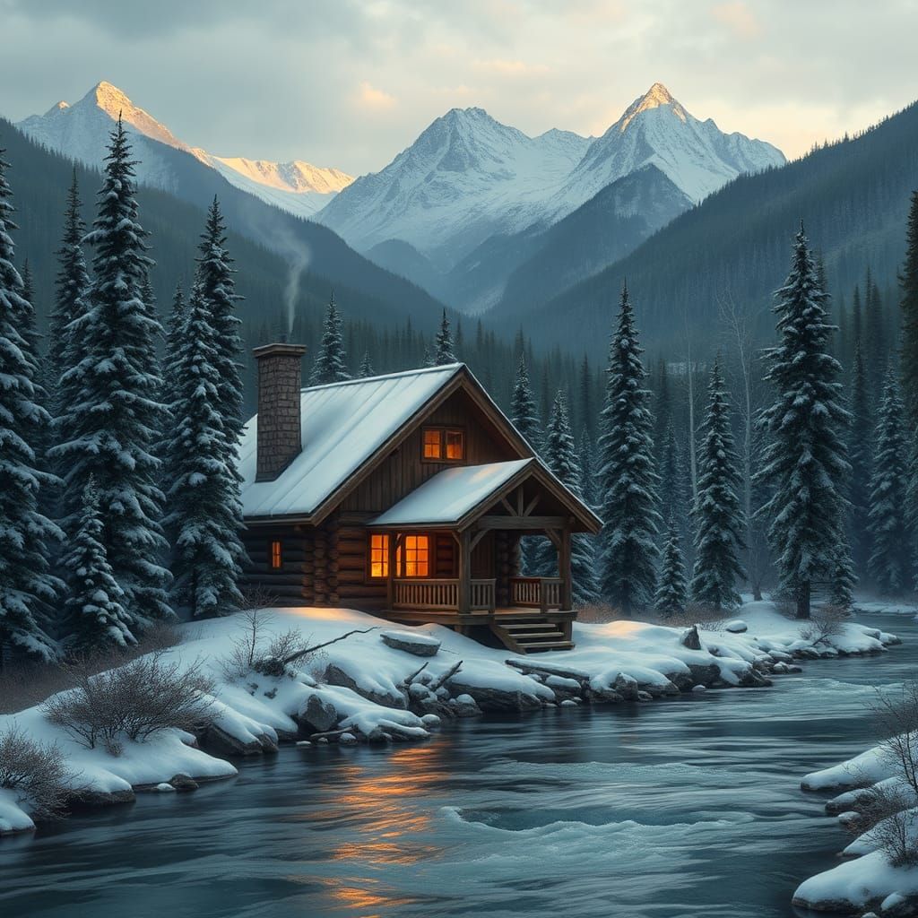 Snowy Cabin in Mountain Forest, Romantic Landscape