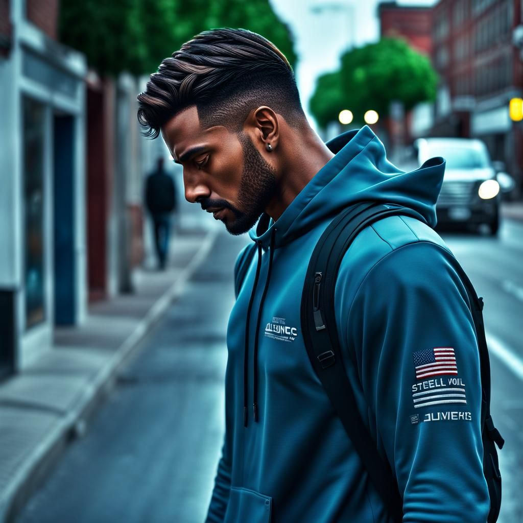 Self-Conscious Man Walking in Hyperrealistic Cityscape