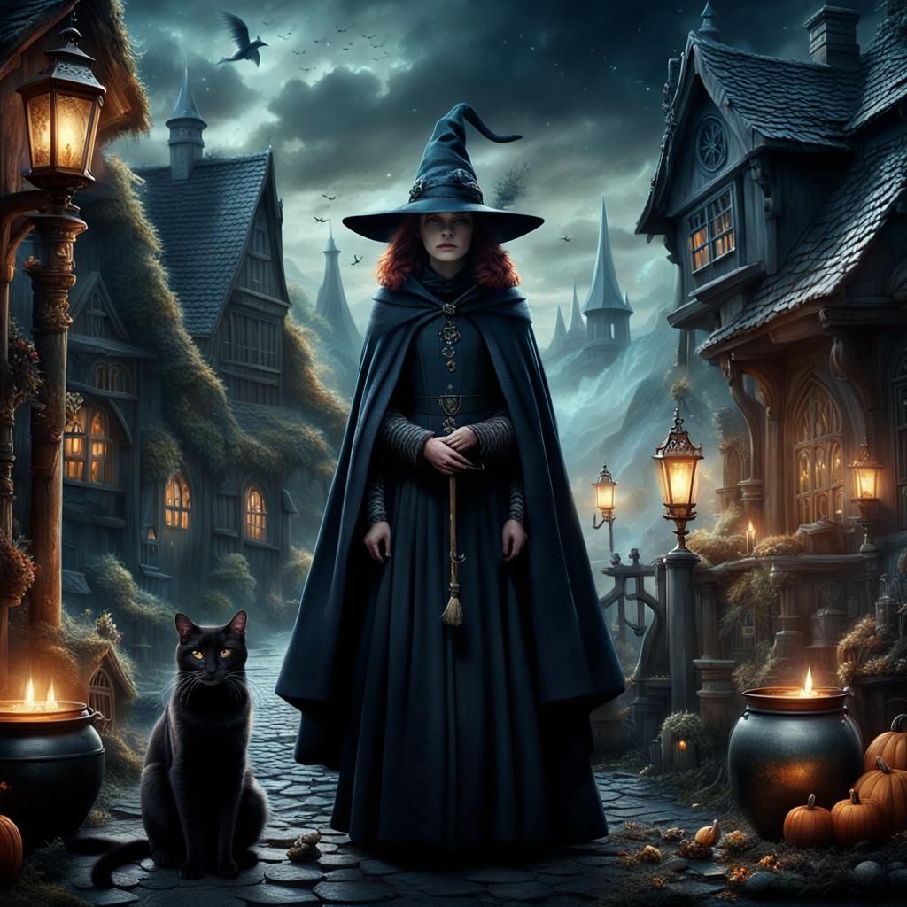 Witch and Cat Brewing Potion: Digital Matte Painting