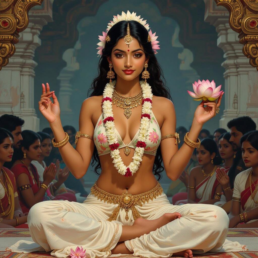 Serene South Indian Woman in Temple, Art Nouveau Style