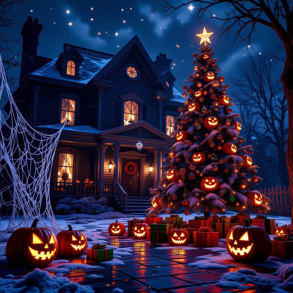 Haunted Christmas House With Halloween Decorations