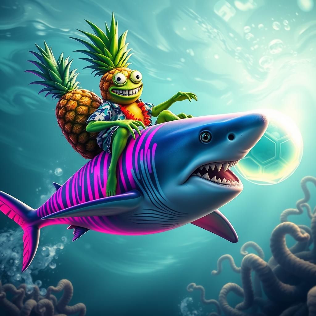Pineapple Riding Shark in Surreal Underwater Scene