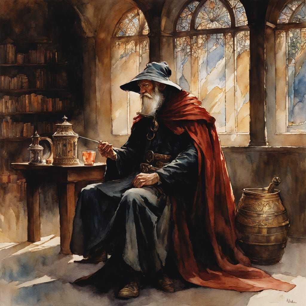 Dramatic Wizard in Watercolor Chiaroscuro