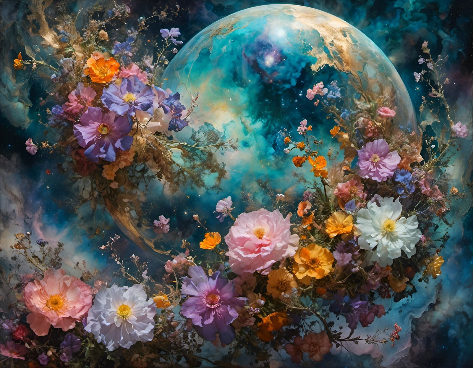 Iridescent Flowers Form a Planet in Hyperkraximalism Style
