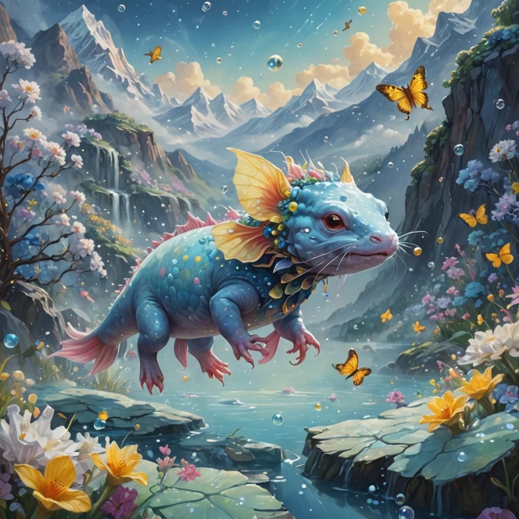 Axolotl's Mountain Serenade: A Fantasy Oil Painting