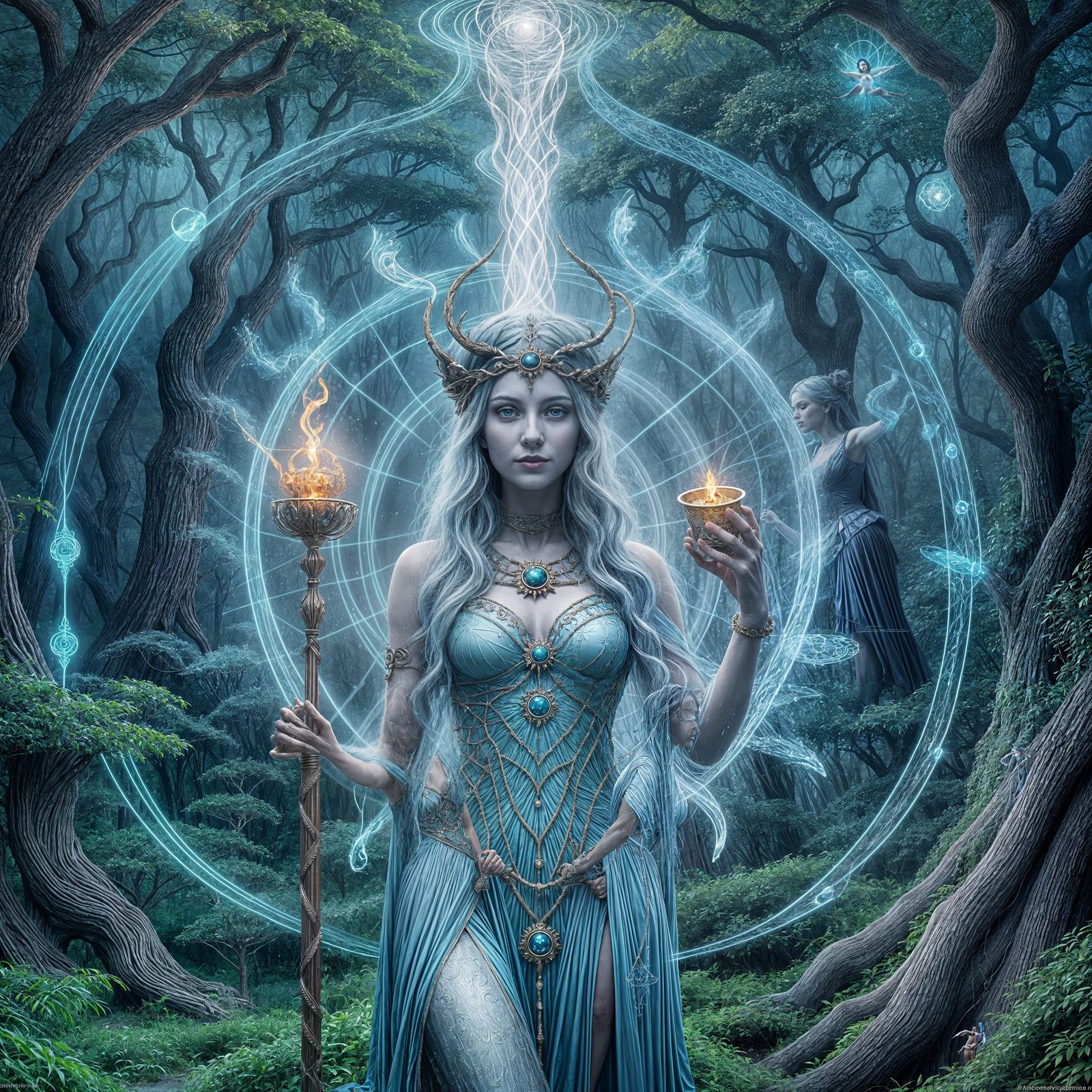 Celestial Goddess Oversees Life Cycles Near Magical Web