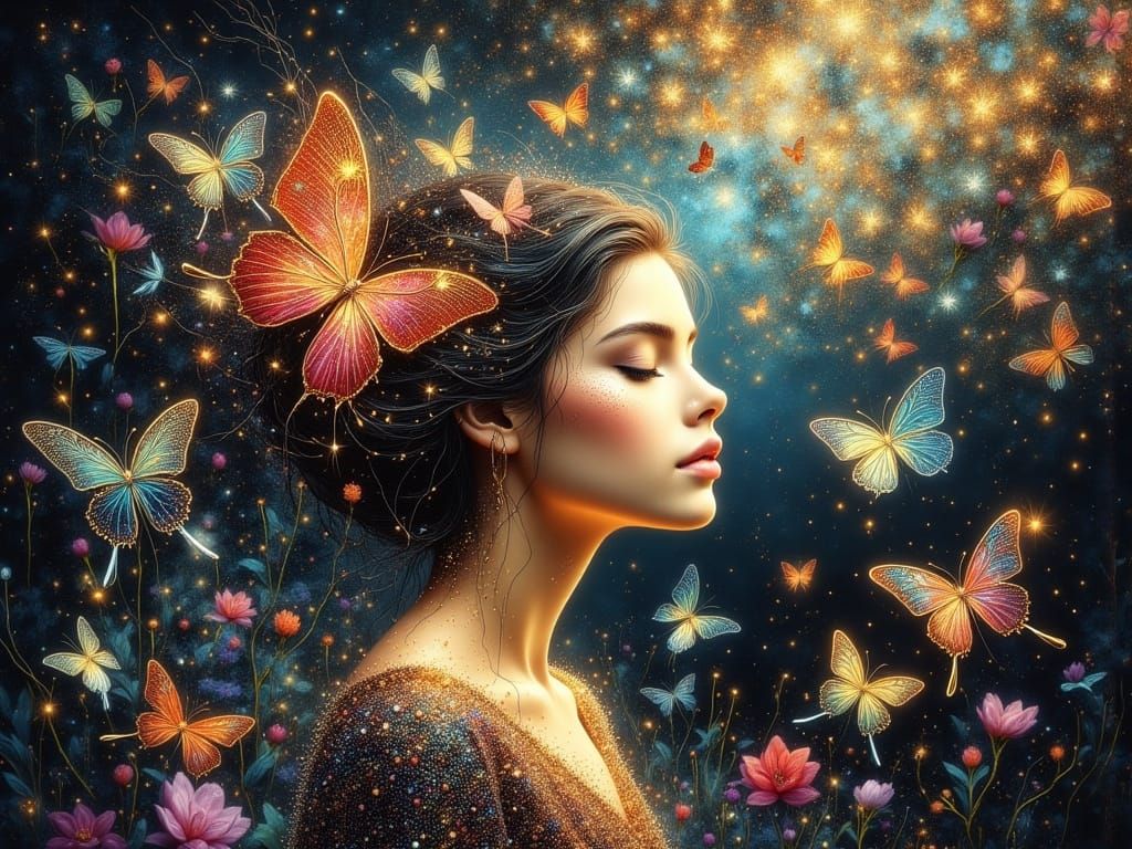Ethereal Woman Dissolves Into Butterfly Flock