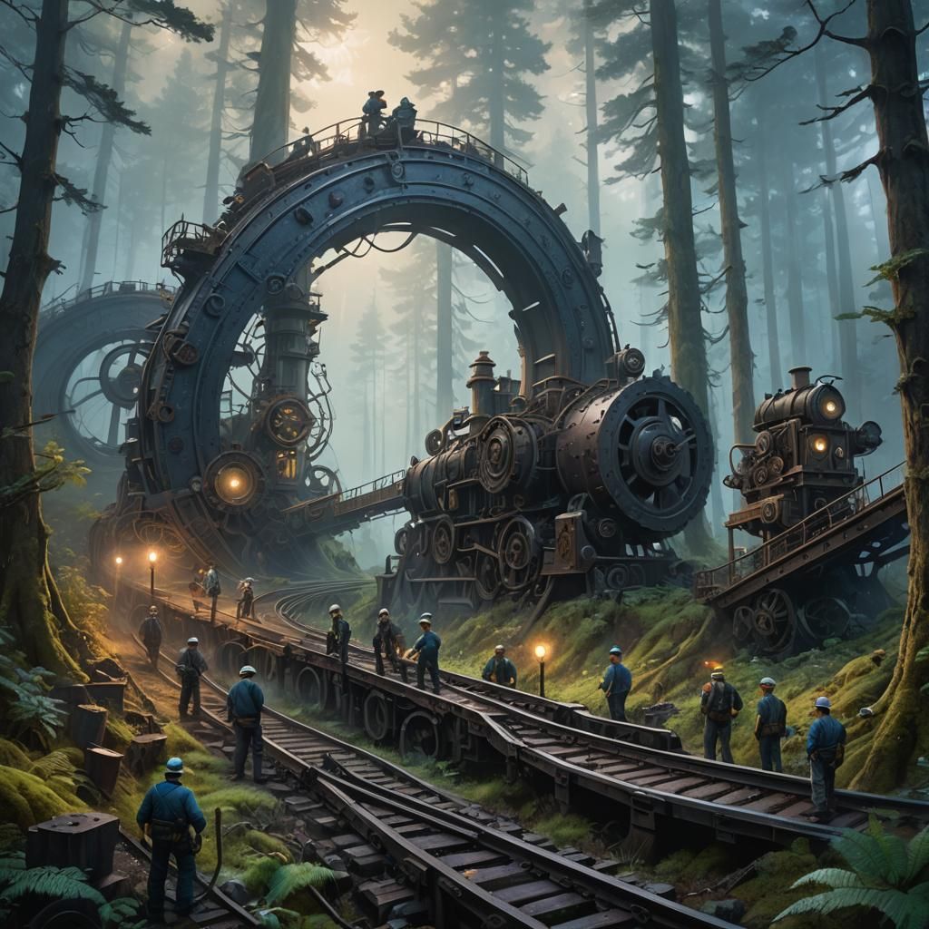 Railway Construction in Mystical Forest: Art Nouveau Style