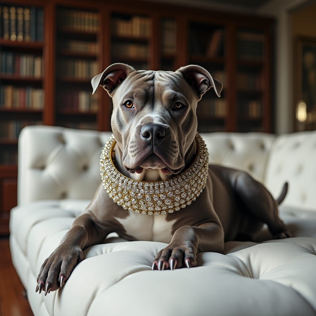 Majestic Pit Bull Gargoyle on Opulent Sofa in High-Contrast ...