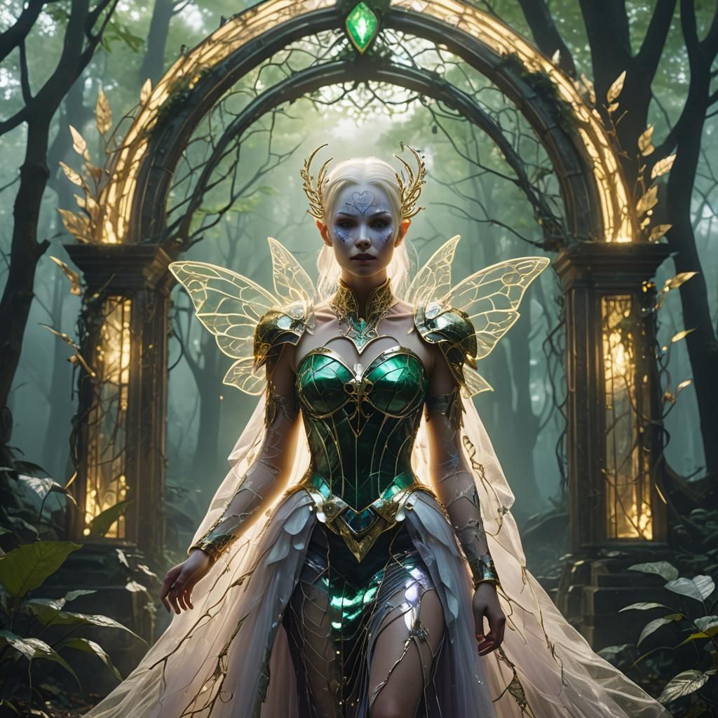 Cyberpunk Fairy in Foggy Forest with Neon Lights