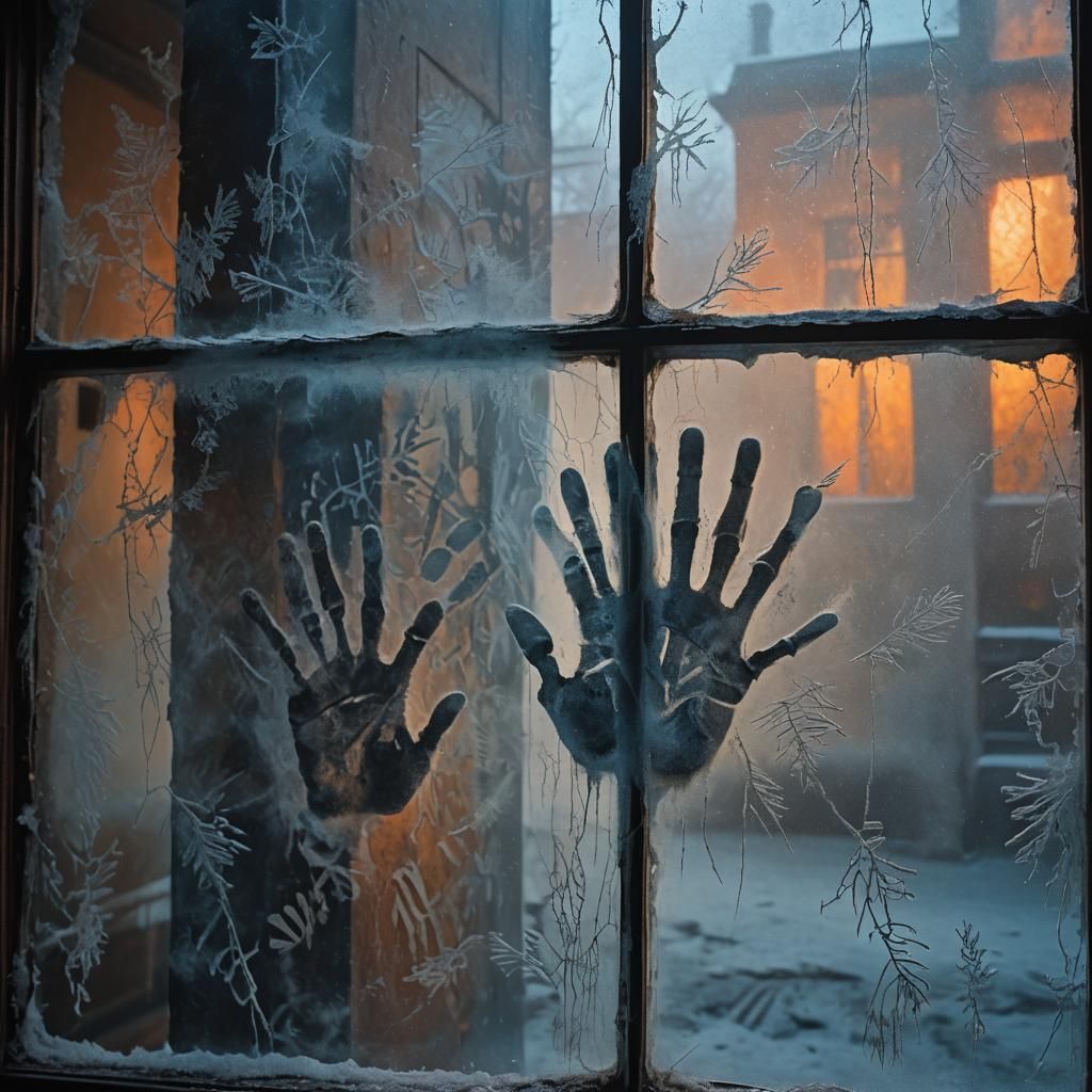 Eerie Ghostly Handprints on a Frosted Window