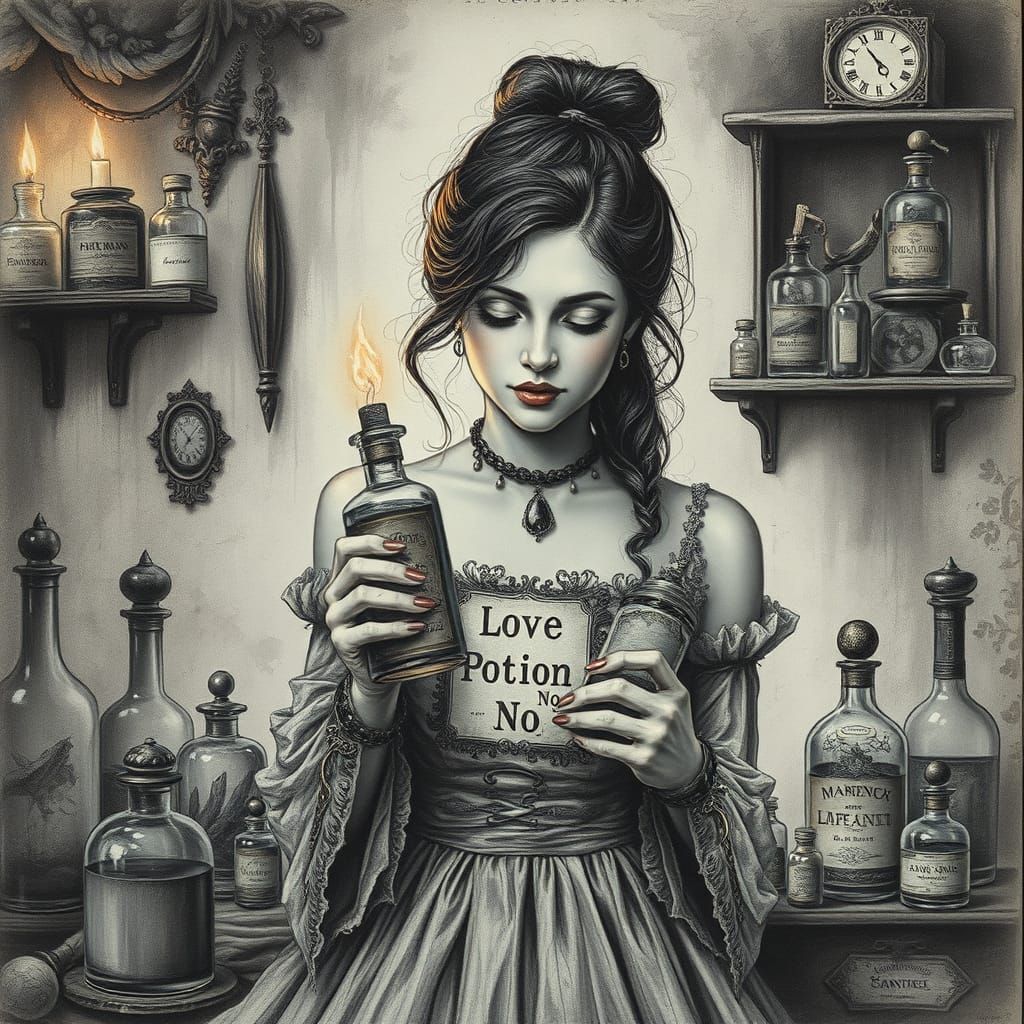 Enchanting Love Potion Scene in Hyperdetailed Charcoal Drawi...