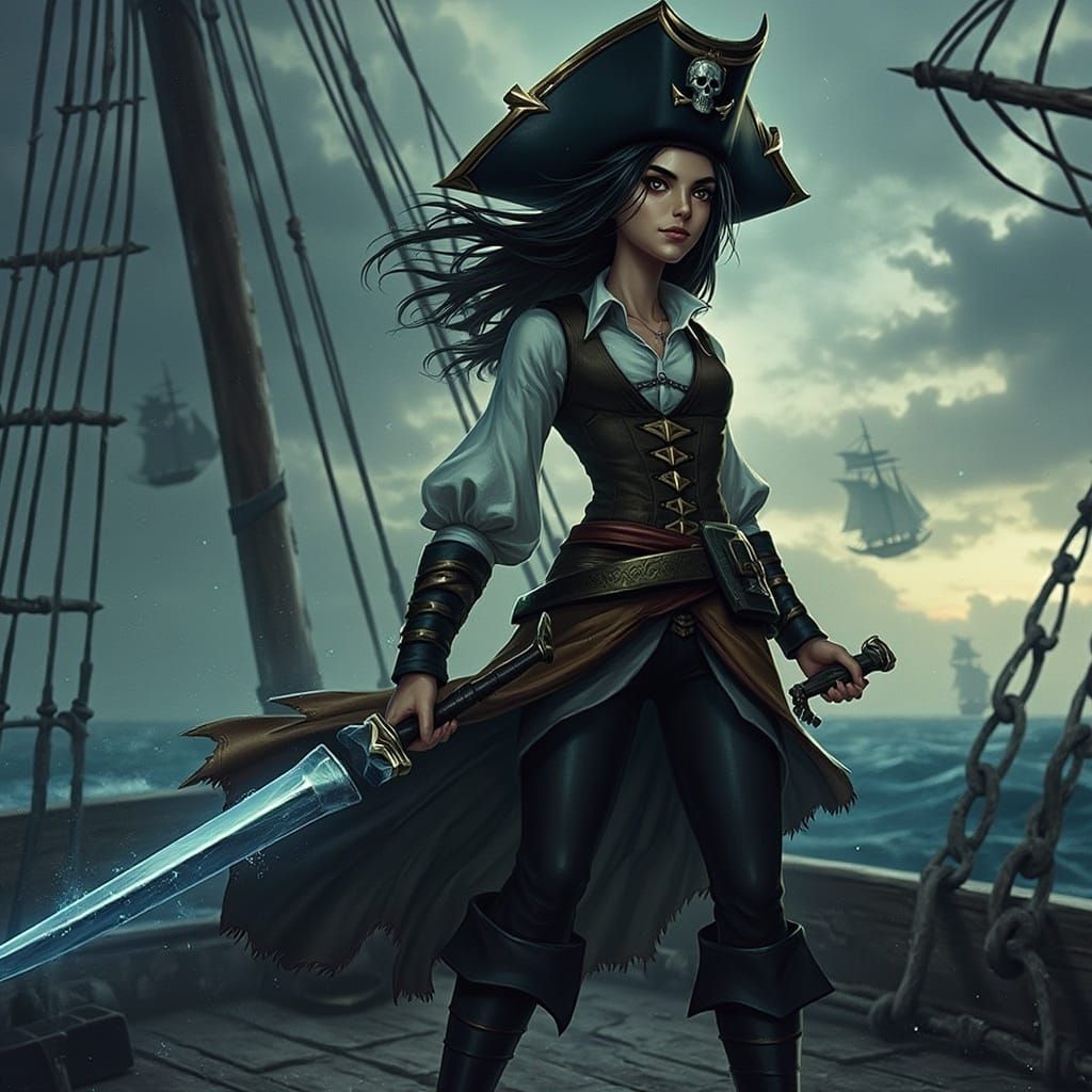 Pirate Woman on Ship Deck Digital Illustration