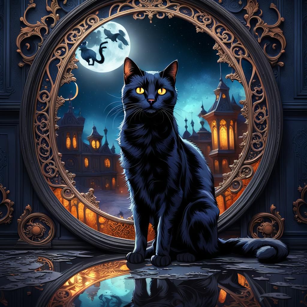 Black Cat Crossing Mirror in Digital Watercolor Style