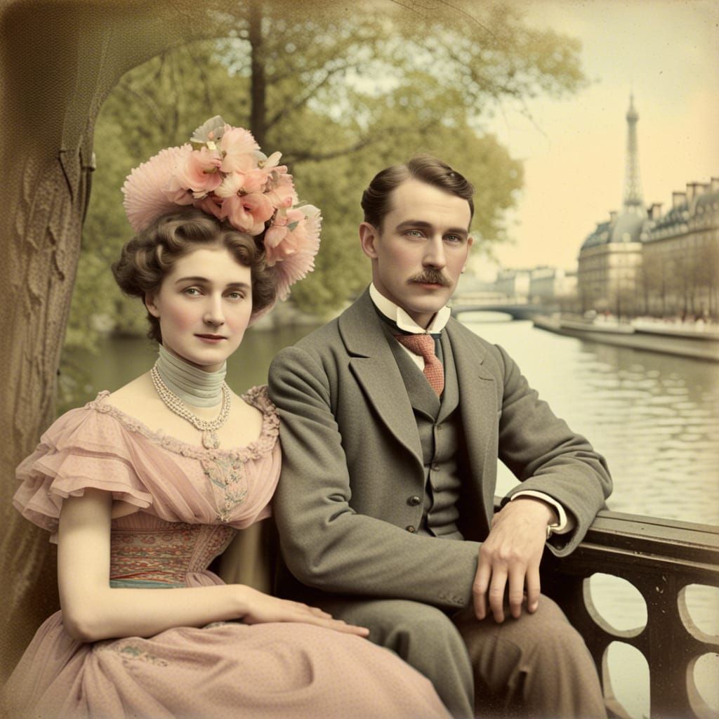 Parisian Promenade: Hand-Tinted Photograph of a Couple