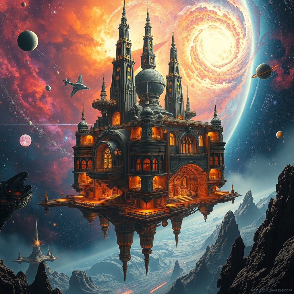 Majestic Space Citadel in Vibrant Nebula