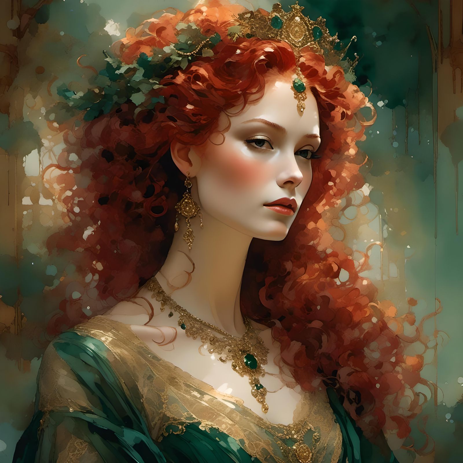 Elegant Woman with Red Curls in Regal Gown