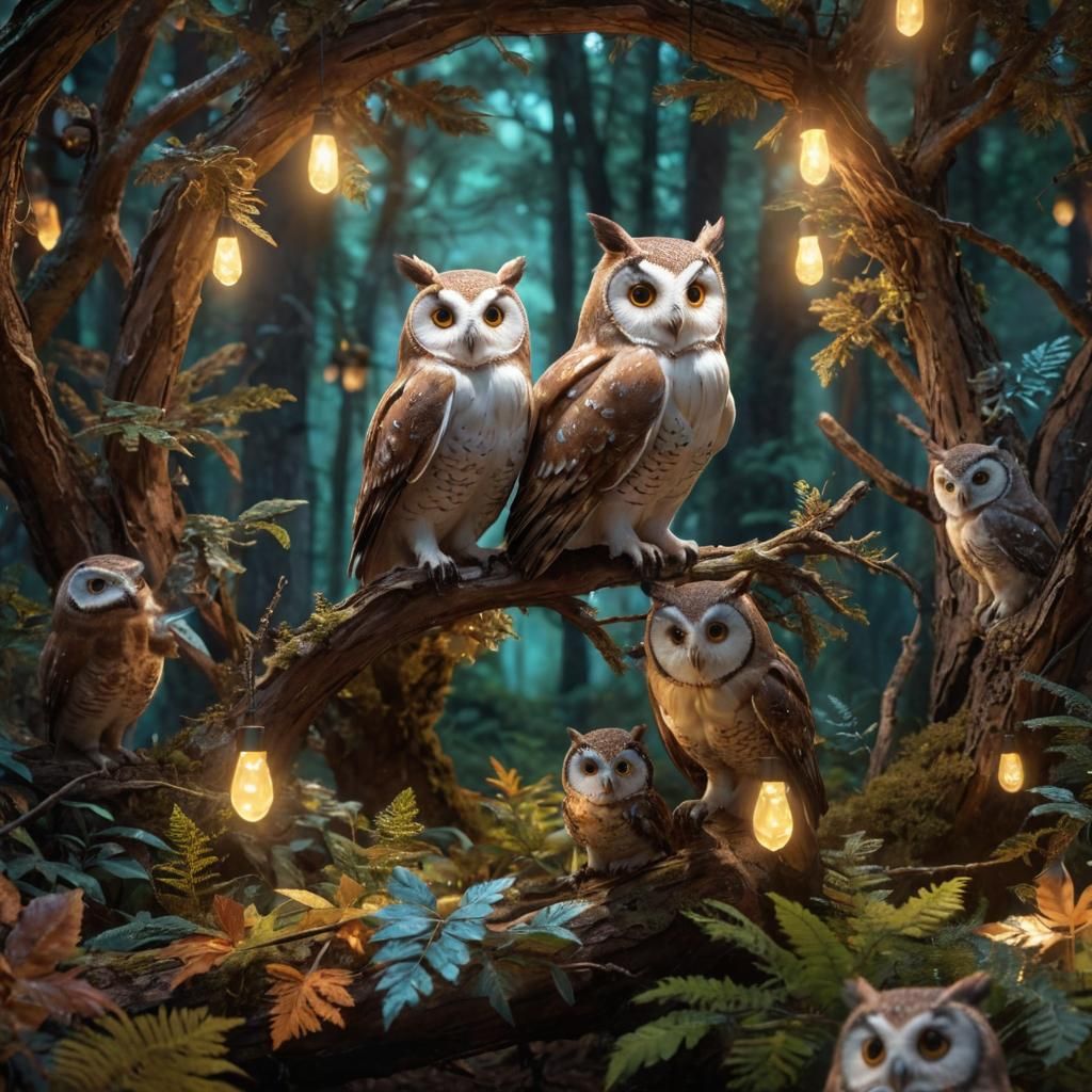 Owl Family in Forest: Prismatic 3D Digital Art