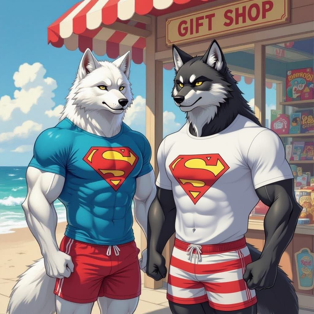 Muscular Wolves in Superhero Shirts at Beach Gift Shop