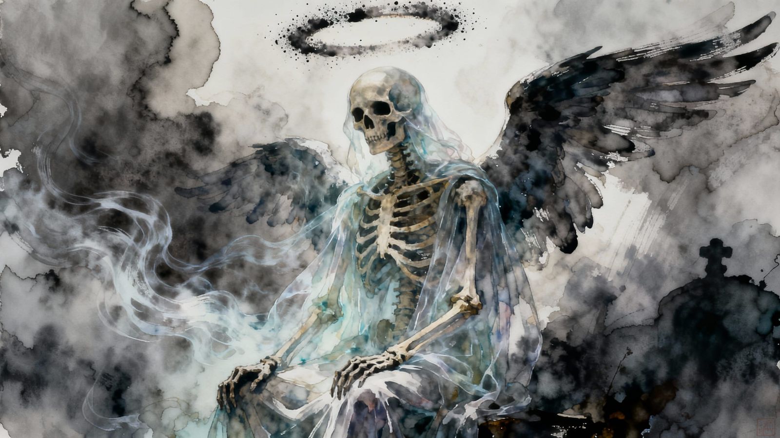 Angel of Death with Ash Halo in Textured Oil Painting