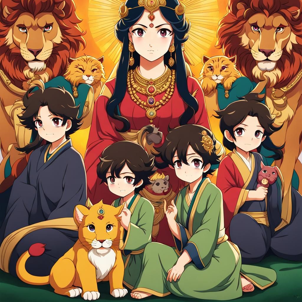 Goddess Durga and Family in Anime Style