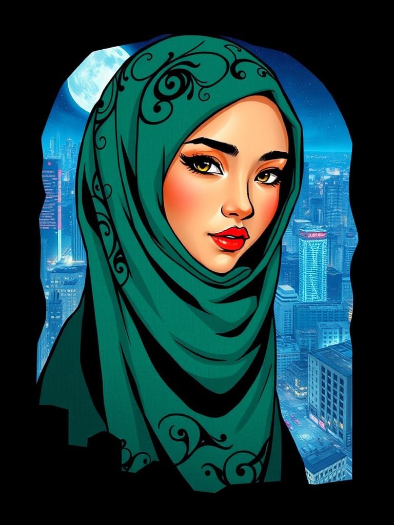 Elegant Hijabi Woman in Neon Cityscape