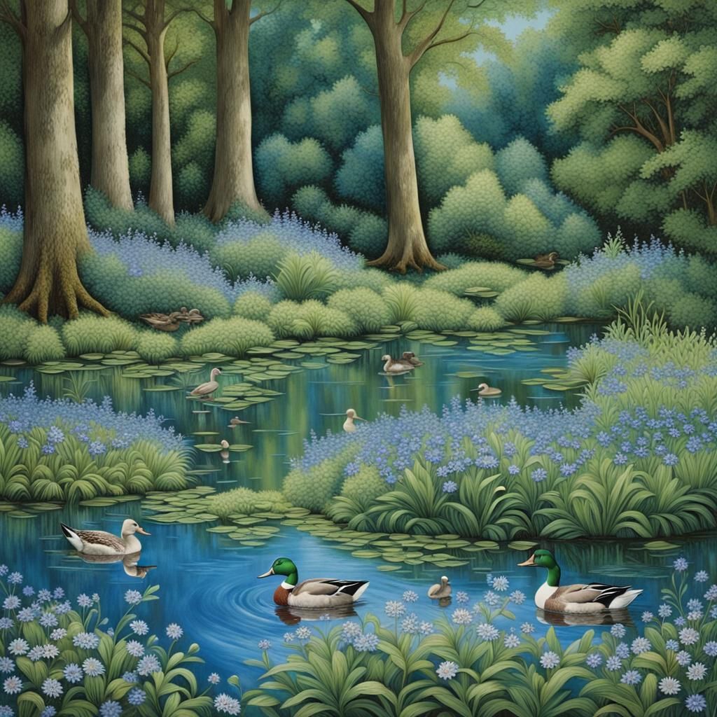 Enchanting Duck Pond Scene in Cornflower Blue