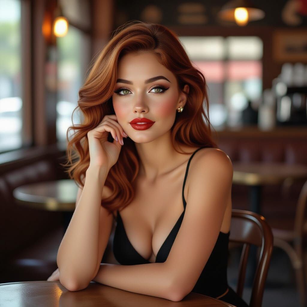 Art Deco Surrealism: Woman's Distorted Face in Coffee Shop