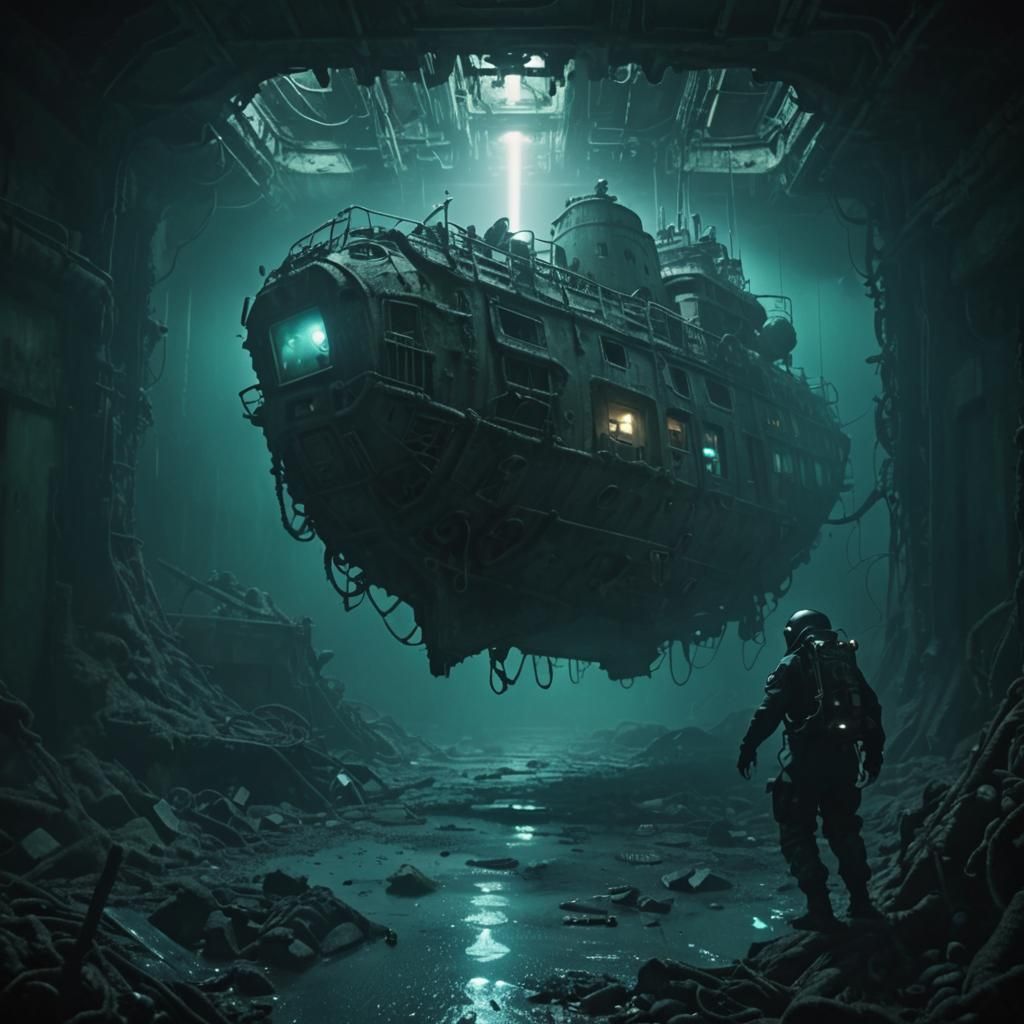 Eerie Sci-Fi Horror: Diver Escaping Decayed Spaceship
