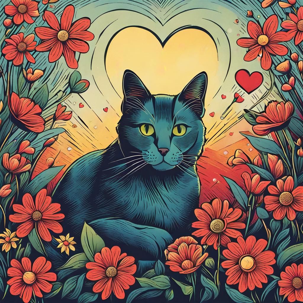 Cute Cat with Flowers and Heart Lights