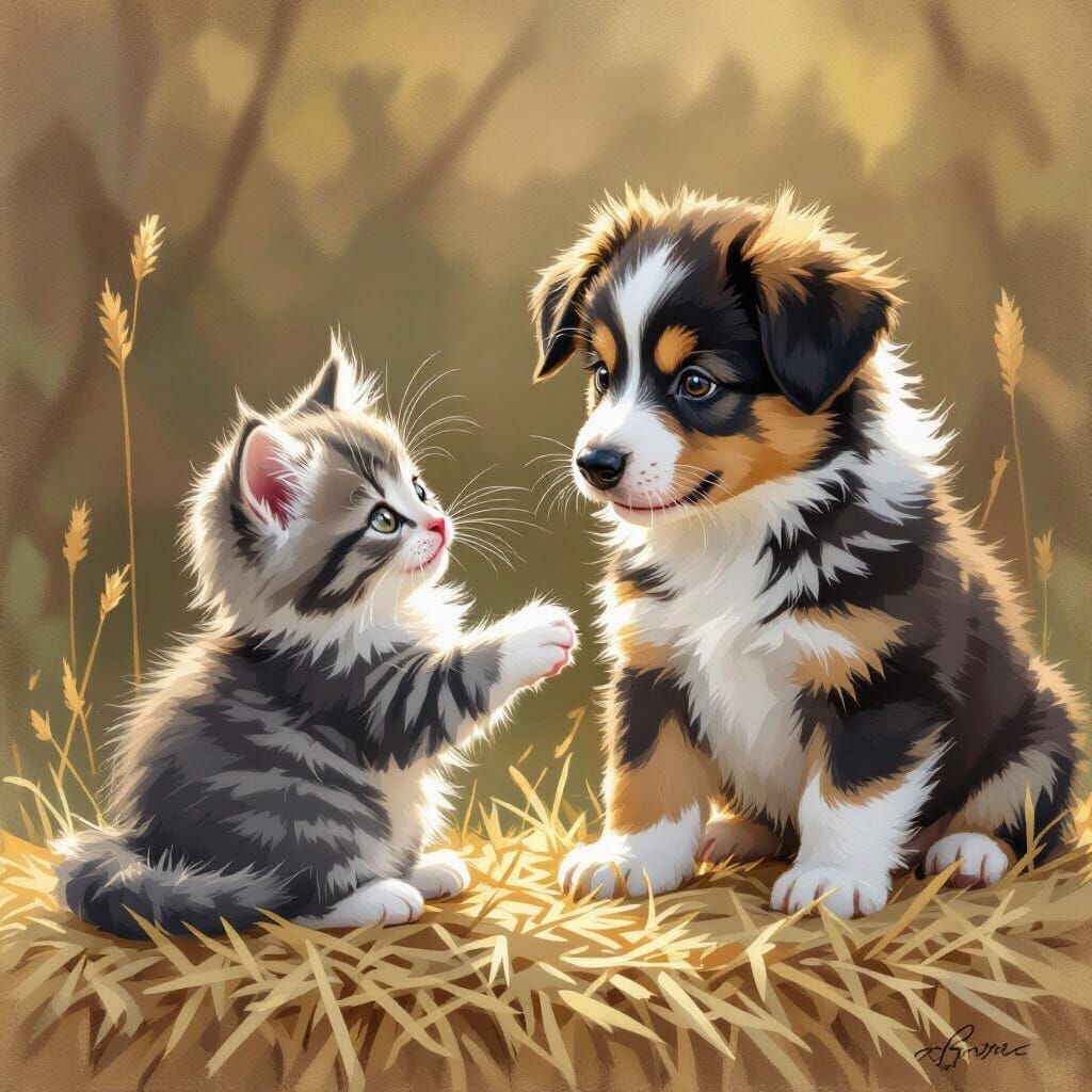 Kitten and Puppy Playtime in Soft Sunlight