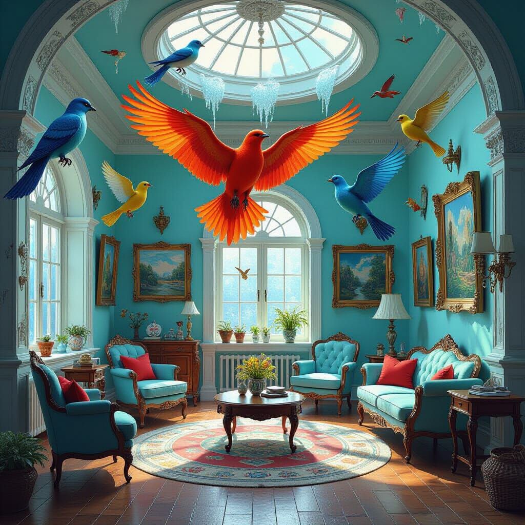 Surreal Room with Fantastical Birds and Floating Furniture