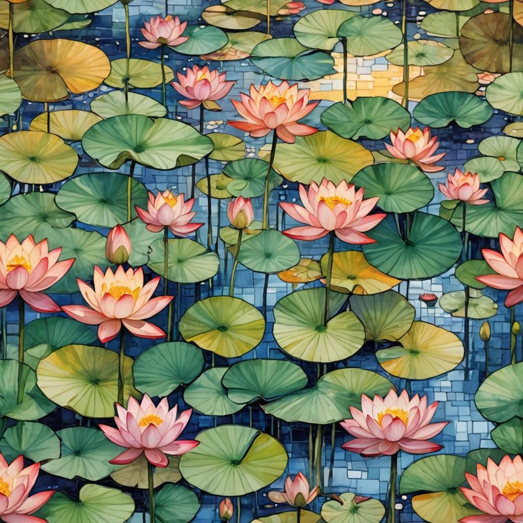 Sunset Lotus Pond in Watercolour Mosaic Style