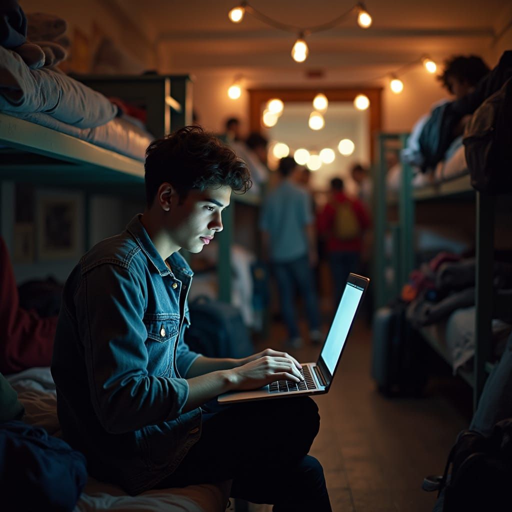 Focused Traveler in Bustling Hostel Room