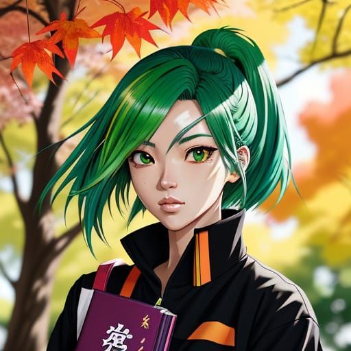 Anime Girl with Green Hair in Park