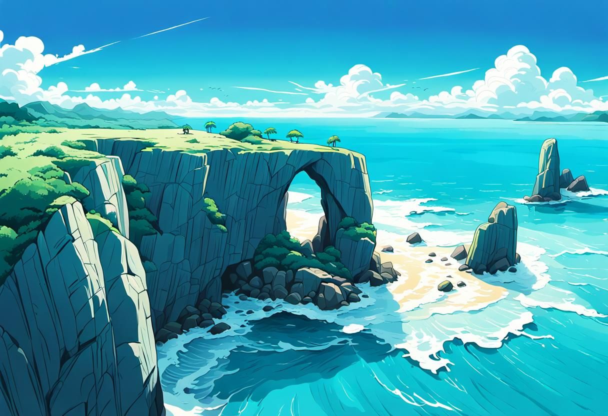 Okinawa's Manzamo Rock in Makoto Shinkai Anime Style