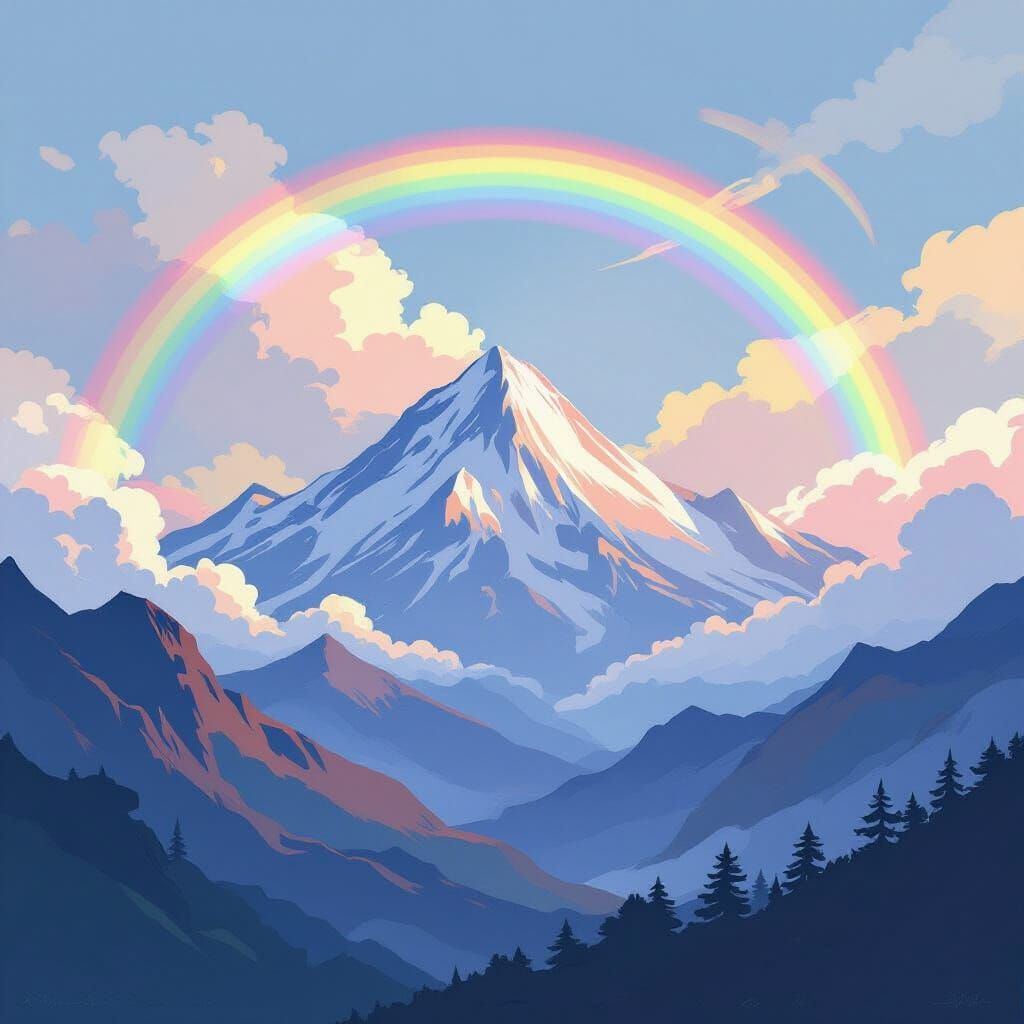 Vibrant Rainbow Over Majestic Mountain in Dreamy Style
