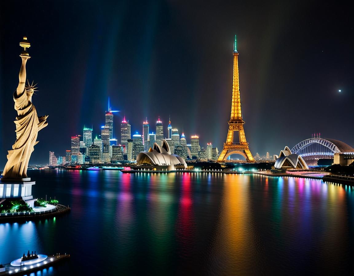 Global Cityscape Panorama with Eiffel Tower and Burj Khalifa