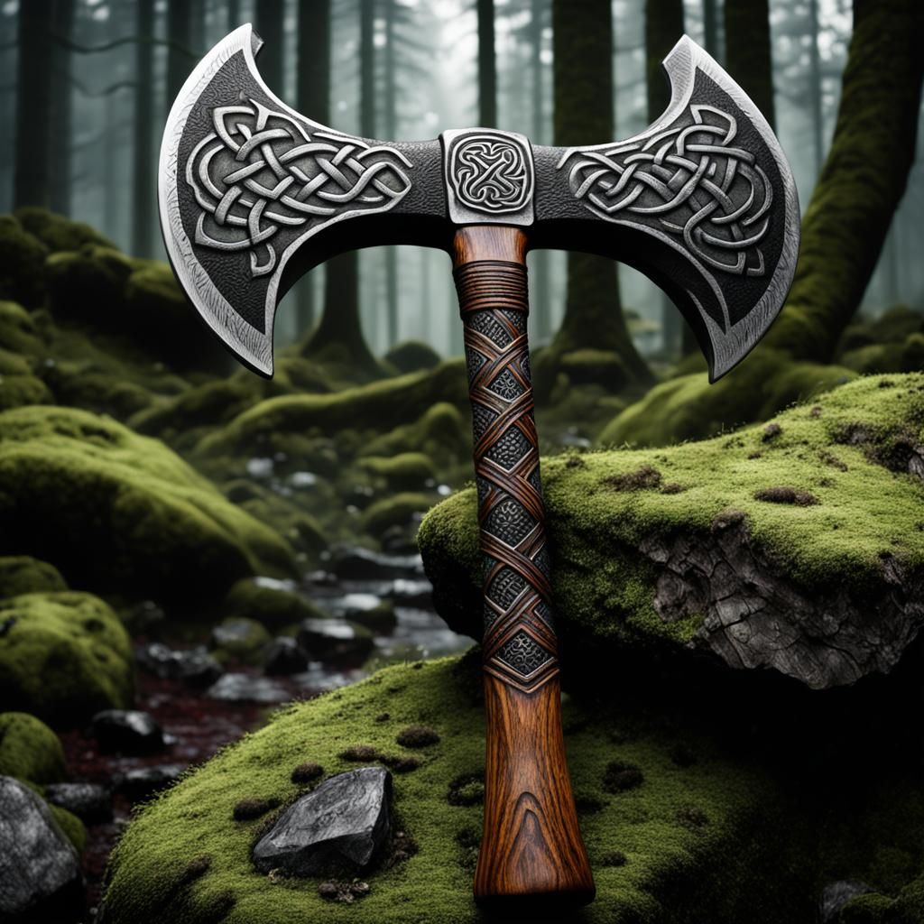 Celtic Runed Double-Headed Axe on Mossy Rock