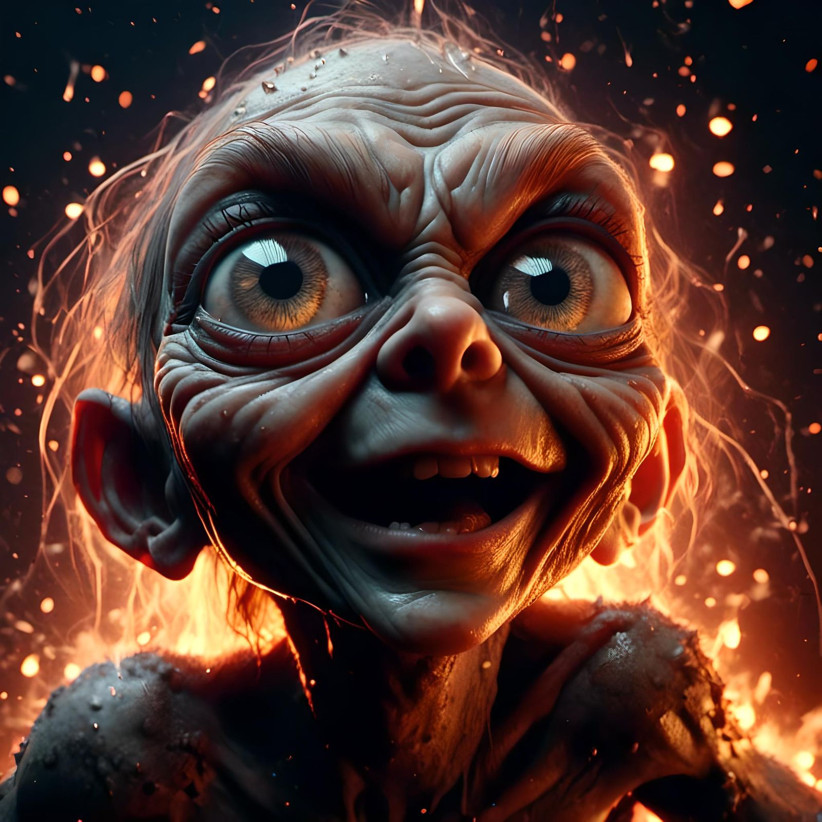 Gollum's Fiery Demise: Hyperreal 3D Render