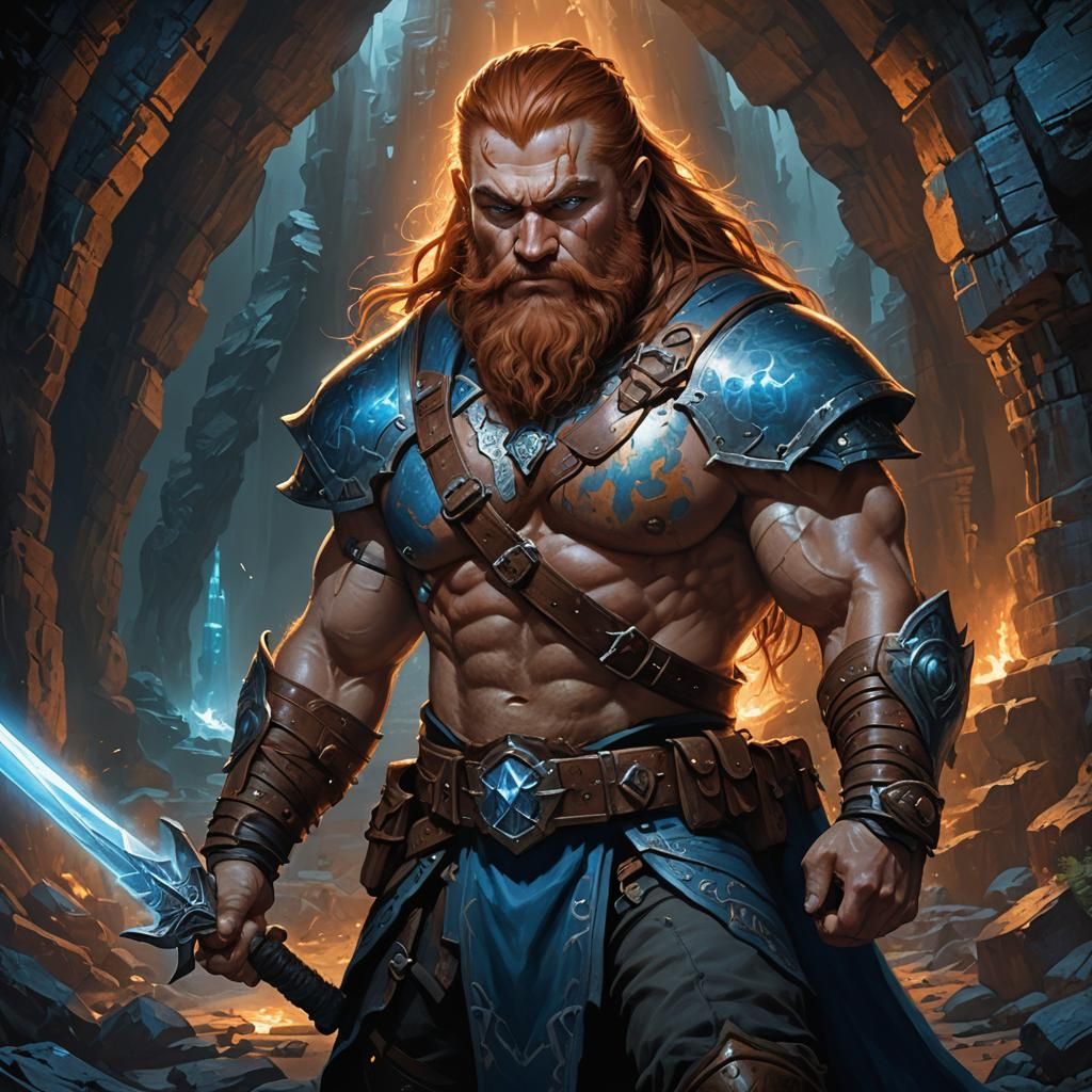 Muscular Dwarf Warrior in Glowing Cavern