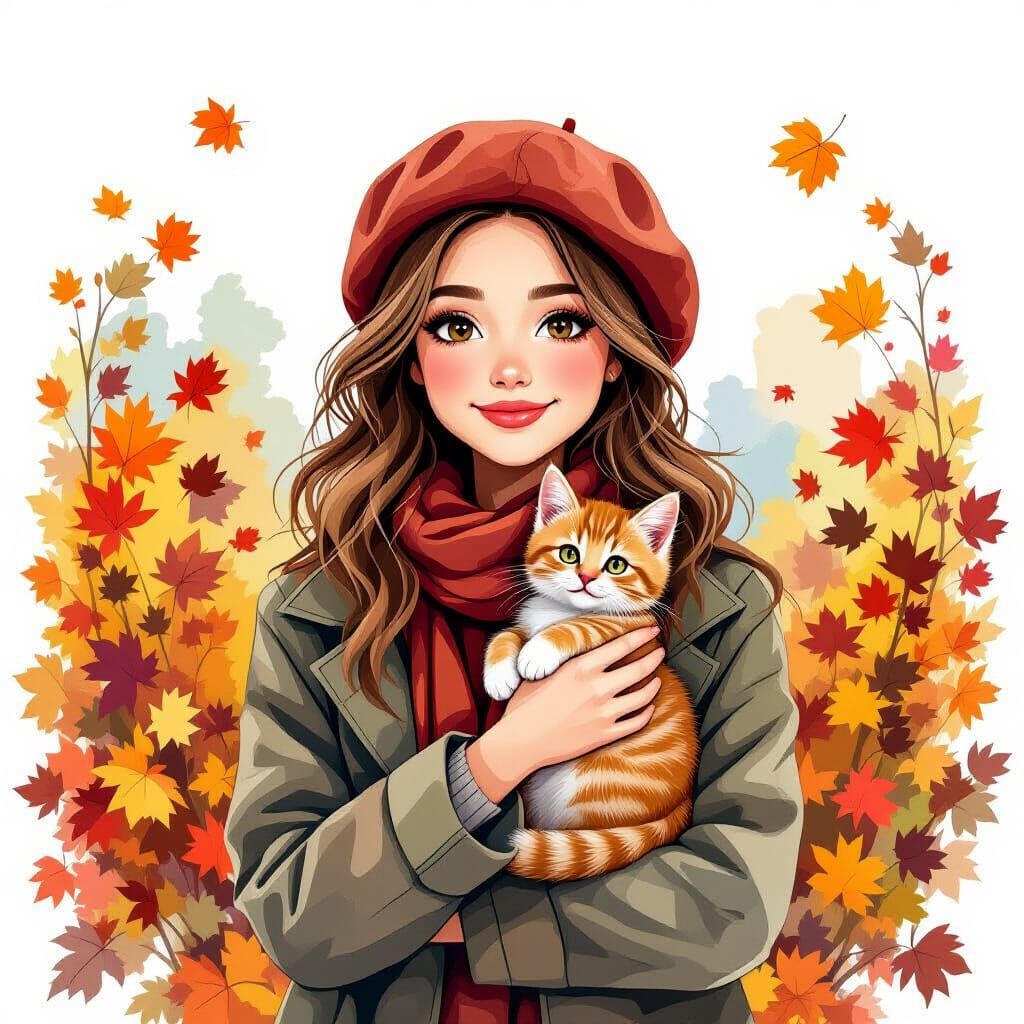 Girl with Kitten in Autumnal Botanical Sketch