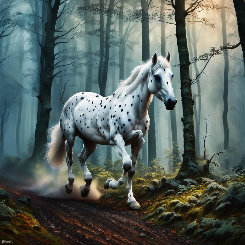 Horse and Dog Run in Misty Forest, Neo-Impressionism