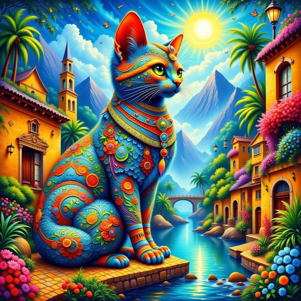 Egyptian Cat with Zentangle Patterns in Mystical City