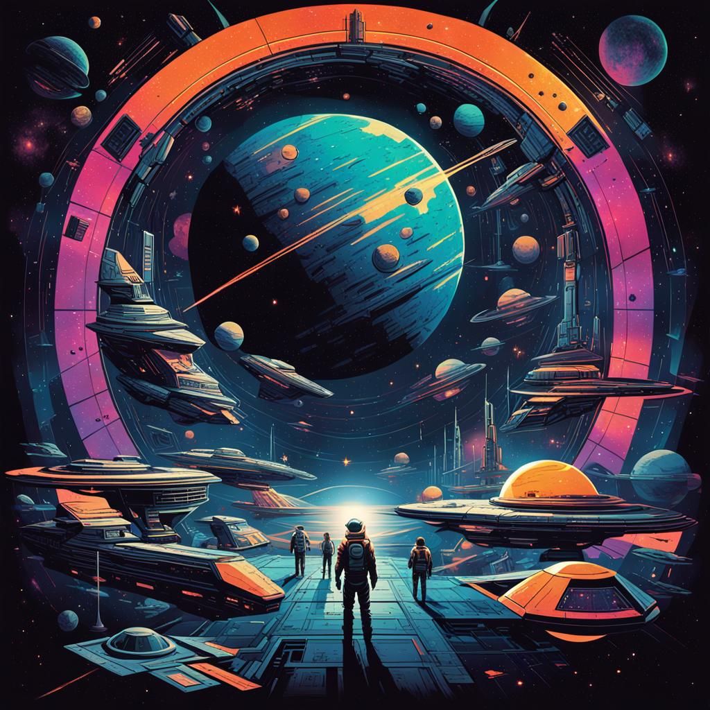 Retro-Futuristic Neon-Noir Space Station Poster