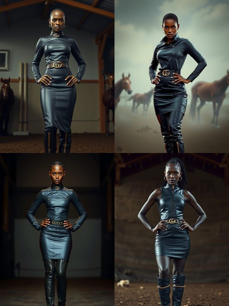 Striking Ebony Woman in Gucci Leather Outfit