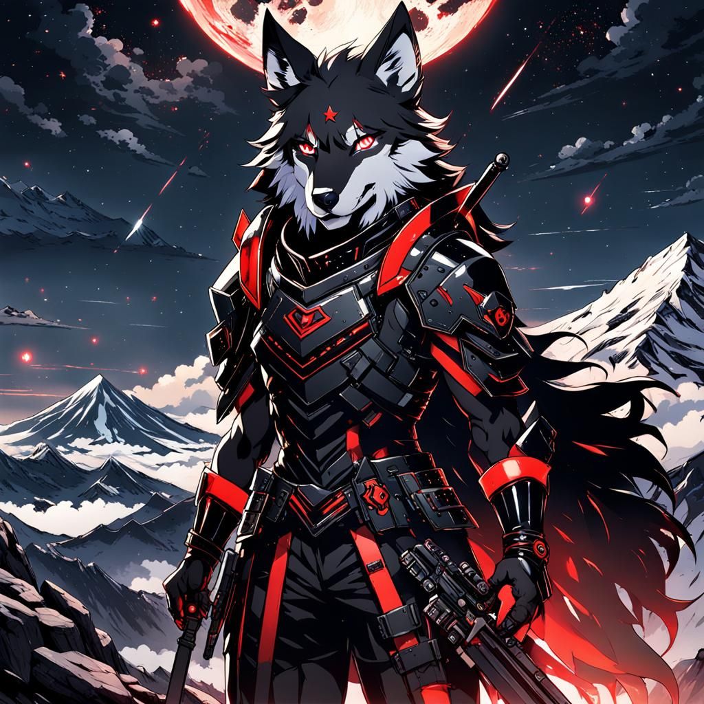 Anime Girl with Wolf Ears on Starry Mountain
