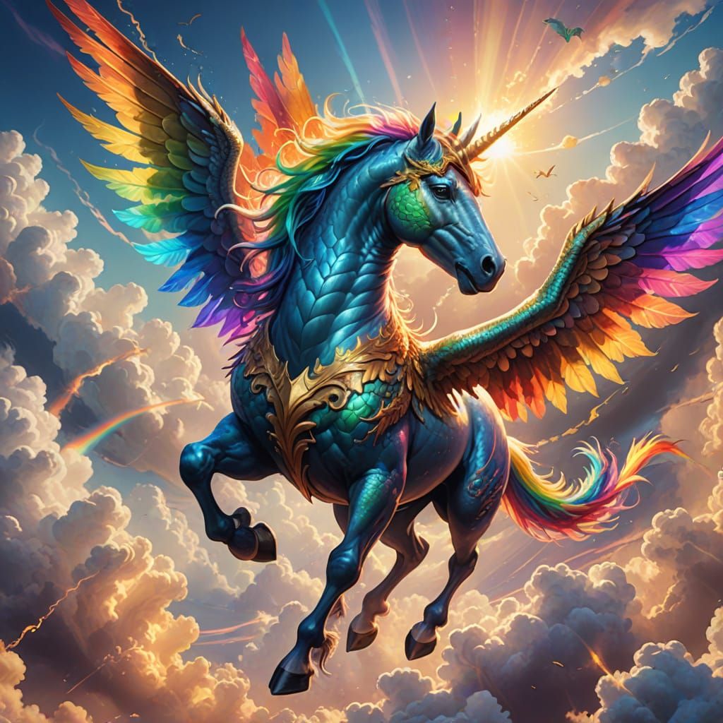 Unicorn-Dragon Hybrid Soaring Through a Vibrant Sky