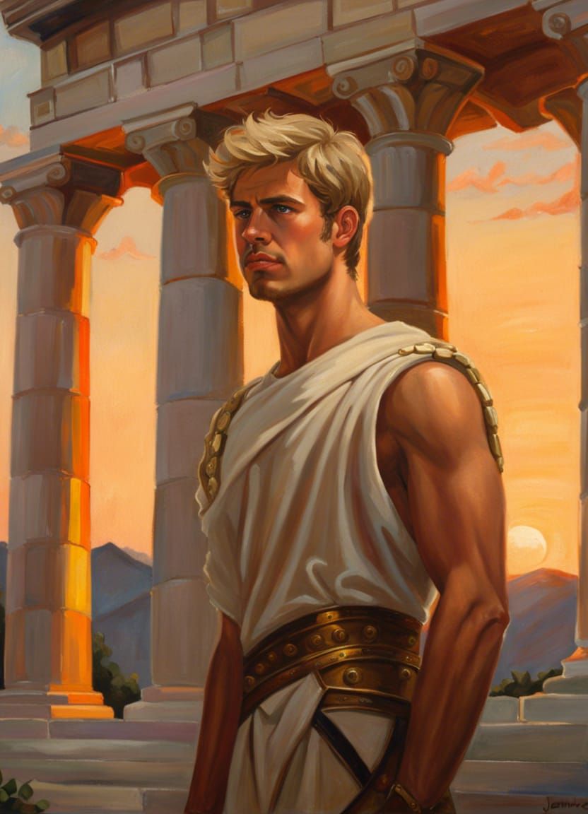 Greek Teenager in Armor at Sunset, Oil Painting